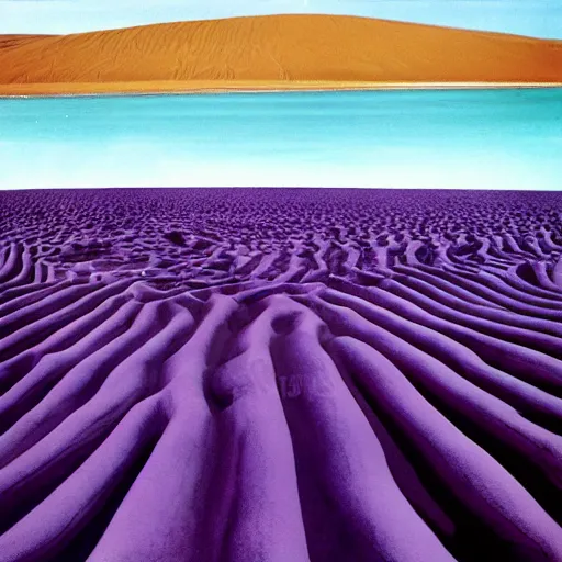 Image similar to a realitic photo of a thousand beds on the beach by Storm Thorgerson, purple color scheme