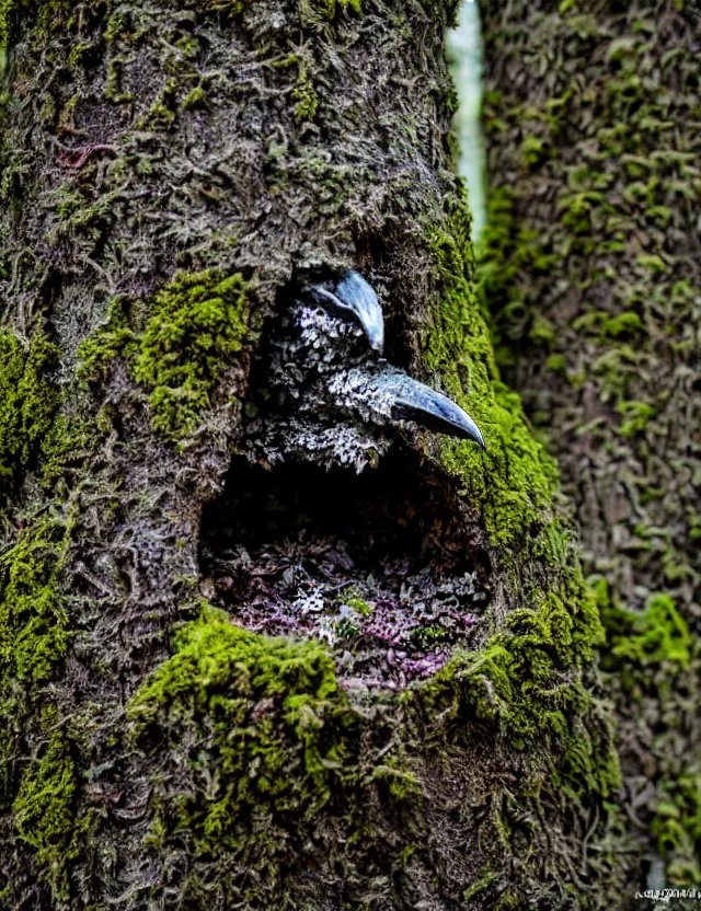 Prompt: raven god in the lichen woods. this installation by an indie artist has an interesting color scheme, plenty of details and impeccable lighting.
