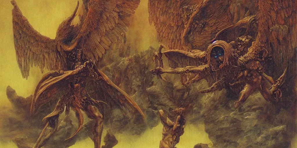 Image similar to satan fights against an archangel with large wings, beksinski, dariusz zawadzki