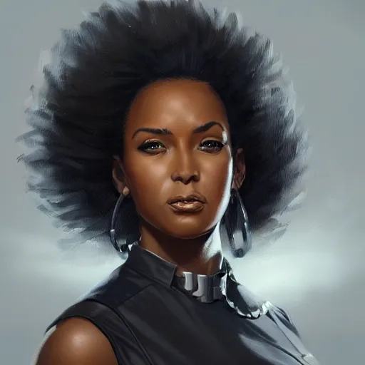 Image similar to confident black female lawyer, superstar litigator, portrait, highly detailed, digital painting, trending on artstation, concept art, sharp focus, illustration, art by artgerm and greg rutkowski and magali villeneuve