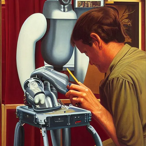 Image similar to robot artist artist painting a self portrait, by clyde caldwell, james c. christensen, george tooker