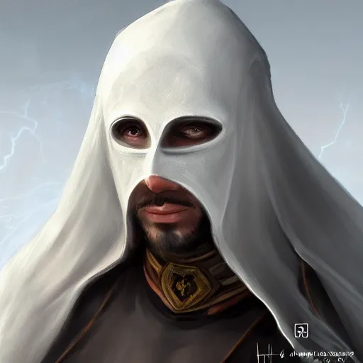 Image similar to a hyper realistic and detailed portrait of zum the planeswalker wearing a white marble mask, focus on face, mystic, mysterious, merchant collector, 8k, no skin, black eyes, trending on artstation, fog, masterpiece, in the style of Hou China