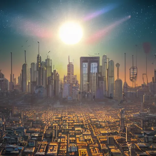 Prompt: solarpunk cityscape of humanity's clean future, lit by morning sunshine from the East