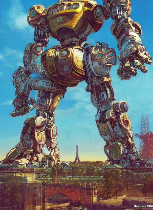 Image similar to realistic physically based rendering of a giant mechanical robot at the eiffel tower by jack kirby and simon bisley, epic, awesome trendy color palette, cinematic