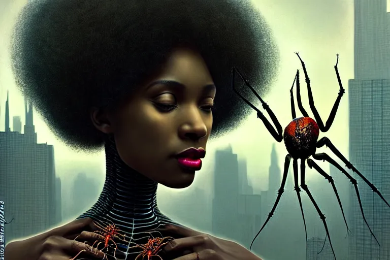 Image similar to realistic detailed closeup portrait movie shot of a beautiful black woman with a giant spider, dystopian city landscape background by denis villeneuve, amano, yves tanguy, alphonse mucha, max ernst, kehinde wiley, ernst haeckel, caravaggio, roger dean, cyber necklace, rich moody colours, sci fi patterns, wide angle