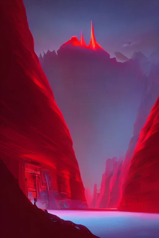 Prompt: red glowing temple designed by zaha hadid in a canyon, shooting stars, dramatic lighting, artstation, matte painting, ralph mcquarrie, simon stalenhag