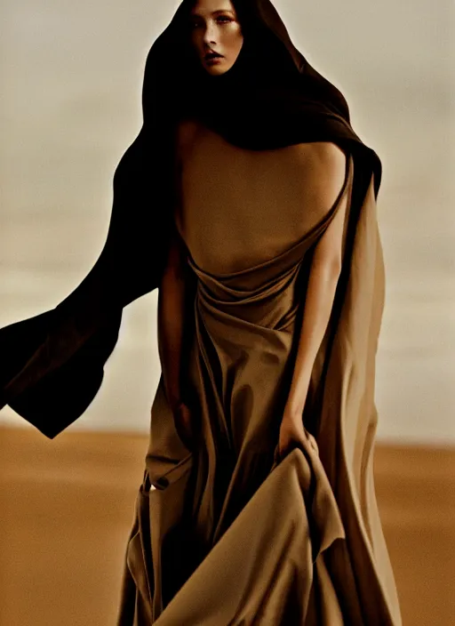 Image similar to a film still of a gorgeous girl in cloak designed byyohji yamamoto and rick owens, in vogue and gq editorial fashion photography, medium close - up, cannon ef 6 5 mm f / 2. 8 in dune