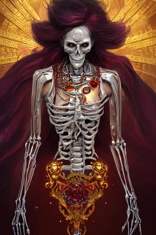 Prompt: woman lich skeleton made of iridescent aether and shiny gems covered with blood, long red hair, golden necklace, ultra realistic, concept art, intricate details, highly detailed, photorealistic, octane render, 8 k, unreal engine. dnd art by artgerm and greg rutkowski and alphonse mucha