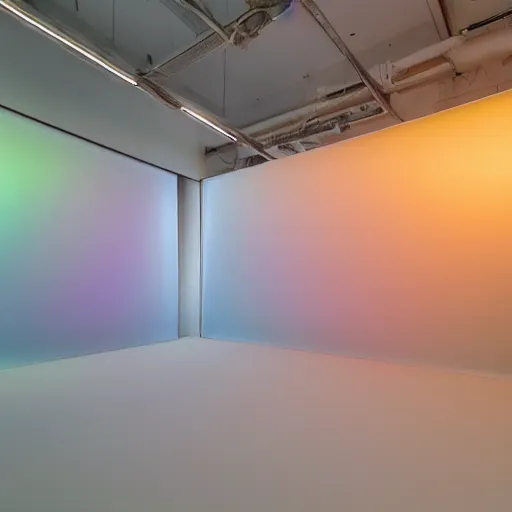 Image similar to an ultra high definition professional studio quality photograph of a transparent iridescent perspex pastel coloured sculpture made of inflatable parachute material in an empty white room. dramatic lighting, ray tracing, refraction, shallow d. o. f, colour corrected, golden ratio, three point light. volumetric shadows. god rays.