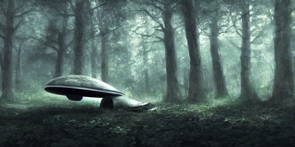 Image similar to abandoned crashed ufo in the forest, concept art, art station landscape, cinematic lighting hyper realistic painting, dark atmosphere