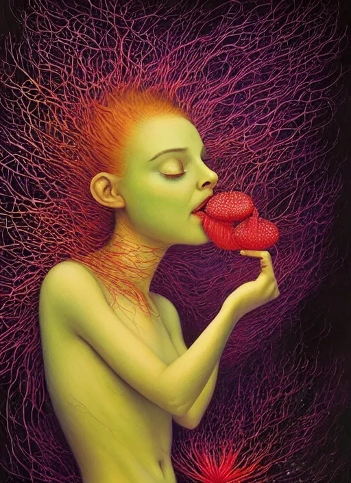 Prompt: hyper detailed 3d render like a Oil painting - Aurora (Singer) Eats of the Strangling Fruit and Her gossamer polyp blossoms bring iridescent fungal flowers whose spores black the foolish stars by Jacek Yerka, Mariusz Lewandowski, Abstract brush strokes, Masterpiece, Edward Hopper and James Gilleard, Zdzislaw Beksinski, Mark Ryden, Wolfgang Lettl, hints of Yayoi Kasuma, octane render, 8k