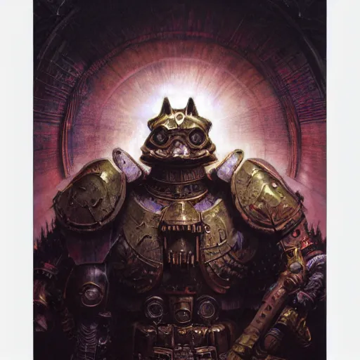 Image similar to warhammer 4 0 k god emperor armor, anthropomorphic shiba inu face visible, stuning 3 d render, masterpiece, glowing black aura, foggy dark, by donato giancola and greg rutkowski and wayne barlow and zdzisław beksinski, realistic face