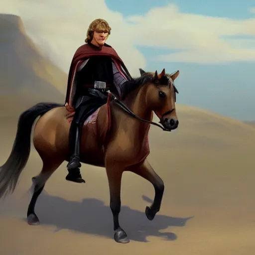 Image similar to anakin skywalker riding a pony, cinematic painting