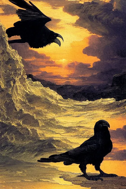 Image similar to a breathtakingly stunningly beautifully highly detailed extreme close up portrait of a raven, a rock arch overhead framing top of shot, epic coves crashing waves plants, beautiful clear harmonious composition, dynamically shot, wonderful strikingly vivid orange beautiful dynamic sunset with epic clouds, detailed organic textures, by frederic leighton and rosetti and turner and eugene von guerard, 4 k