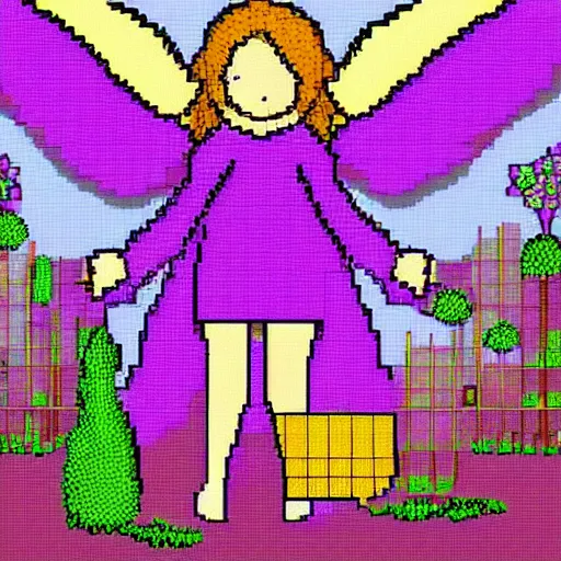 Prompt: an angel in a garden, pixel art study, purple