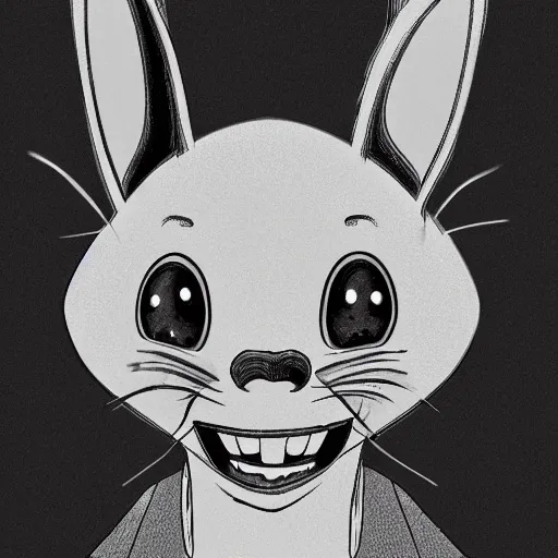 Image similar to A extremely highly detailed majestic hi-res beautiful, highly detailed head and shoulders portrait of a scary terrifying, horrifying, creepy black cartoon rabbit with scary big eyes, earing a shirt laughing, let's be friends, in the style of Walt Disney