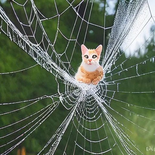 Prompt: a cat stuck in a spider web