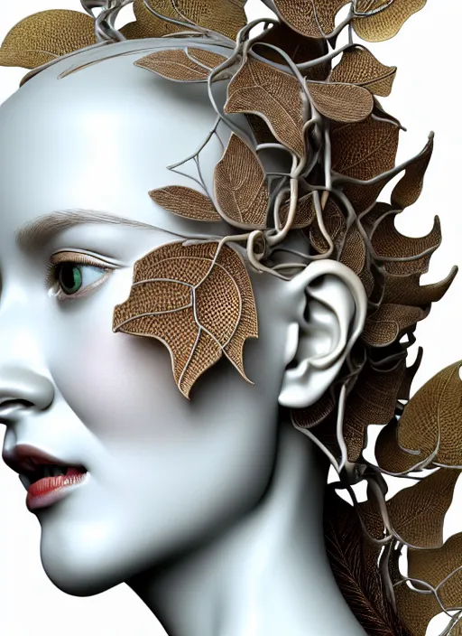 Image similar to complex 3d render ultra detailed of a beautiful porcelain translucent profile woman face, biomechanical cyborg, 150 mm, beautiful natural soft light, rim light, silver gold details, magnolia big leaves and stems, roots, fine foliage lace, maze like, mesh wire, intricate details, hyperrealistic, ultra detailed, mandelbrot fractal, anatomical, red lips, white metal neocubism armor, facial muscles, cable wires, microchip, elegant, green eyes, octane render, H.R. Giger style, 8k