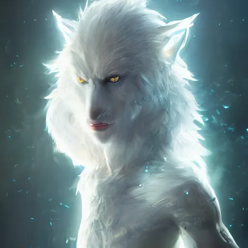 Image similar to white wolf god, huggy wuggy from poppy playtime video game, fullbody, ultra high detailed, glowing lights, oil painting, greg rutkowski, charlie bowater, beeple, unreal 5, daz, hyperrealistic, octane render, rpg portrait, dynamic lighting, fantasy art, beautiful face