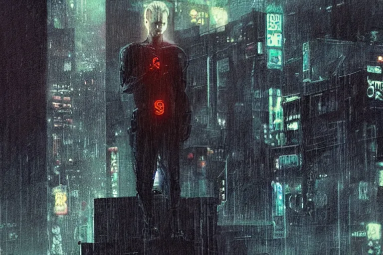 Image similar to roy batty with a bare torso sits in the lotus position with his head bowed in the rain on the roof of a building in the cyberpunk future, around neon signs, a little haze, night, realistic proportions, anime style ghost in armor