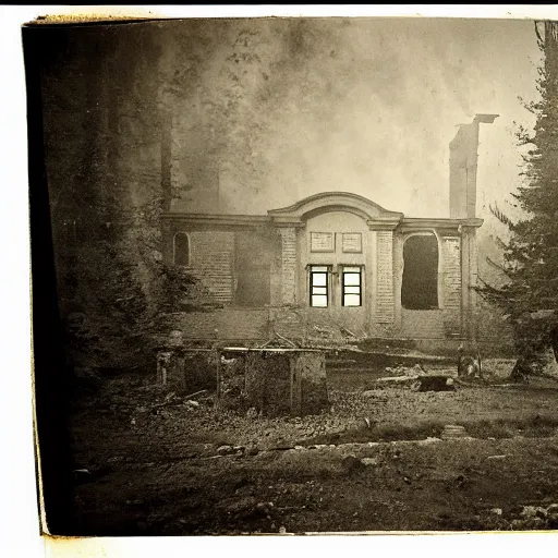 Prompt: 1860 photo of an ancient fractal smoke entity on an abandoned hospital on the middle of a forest, spooky