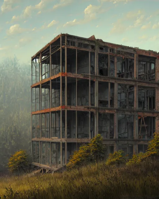 Prompt: a beautiful photorealistic painting of nature abandoned unfinished building building industrial architecture architecture co - op by noah bradley, forest san andreas, archdaily, wallpaper, highly detailed, trending on artstation.