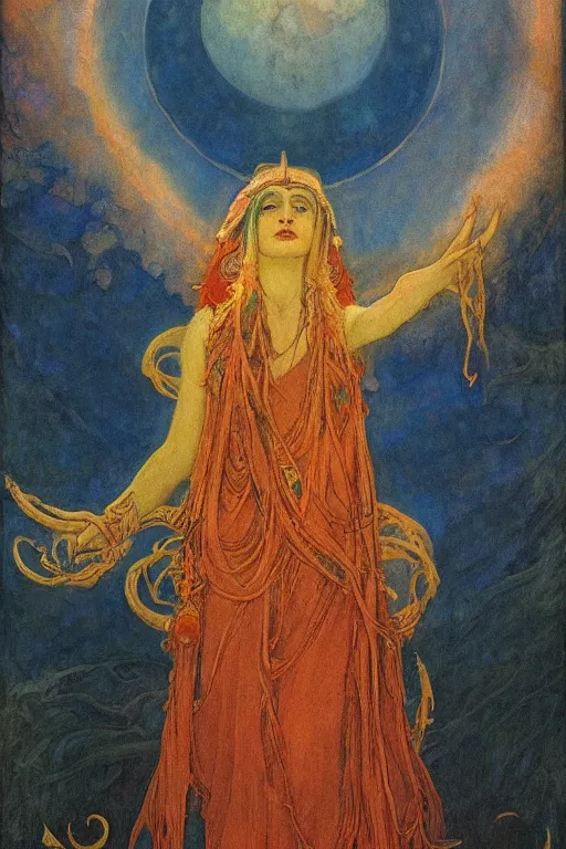 Image similar to goddess of the moonlit dead with her regalia, by Annie Swynnerton and Nicholas Roerich and jean delville, dramatic cinematic lighting , ornate headdress , flowing robes, lost civilizations, extremely detailed