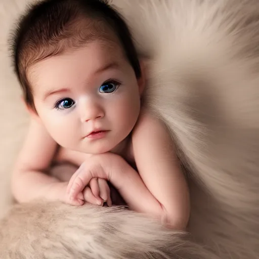 Image similar to a cute little angel baby with long fur, portrait, pixar style, extremely realistic photo, heaven background, cinematic lighting, award winning creature portrait photography