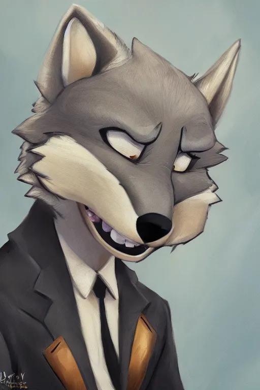 Prompt: oil painting of anthromorphic female wolf, in style of zootopia, female fursona, furry, furaffinity, 4 k, deviantart, furry art, fursona art, wearing black business suit, business suit, wolf fursona, female, smug expression,