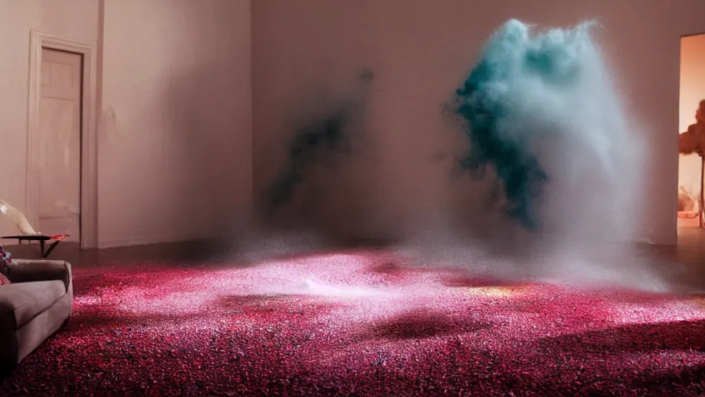 Image similar to colored powder explosion in the living room, film still from the movie directed by Denis Villeneuve with art direction by Salvador Dalí, wide lens