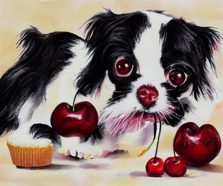 Image similar to white and black japanese chin dog eating cherry muffins, water painting