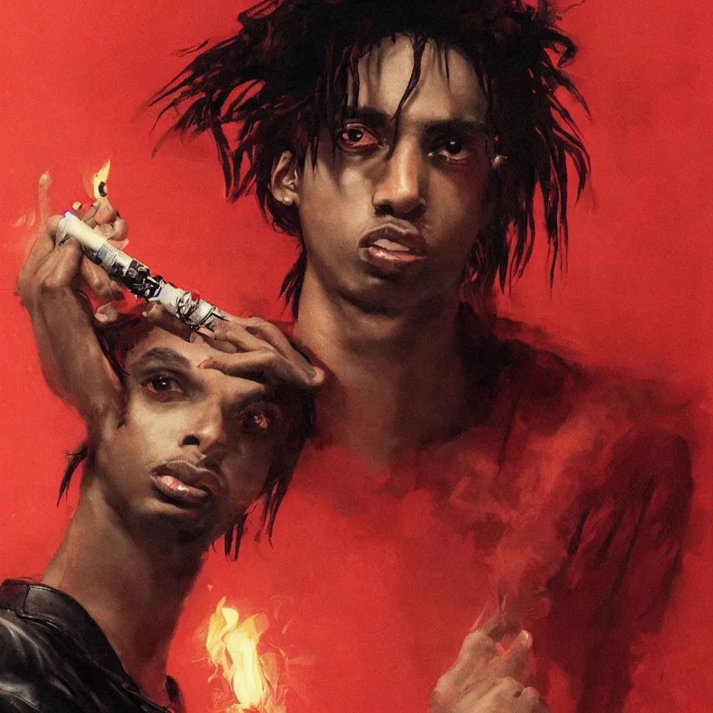 Prompt: closeup of playboi carti wearing a leather jacket smoking a blunt in a dark red room, atmospheric, illustrated by greg rutkowski, trending on artstation