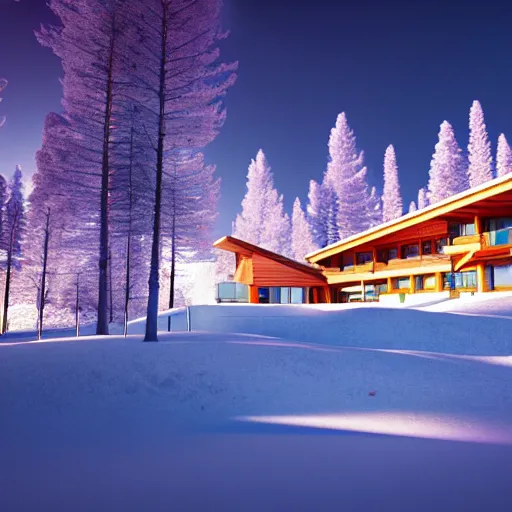 Image similar to : psychedelic ski resort, luxury, modern architectural plans hyper - realistic, detailed, render by c 4 d octane, unreal engine, 8 k 3 d render ray traceing