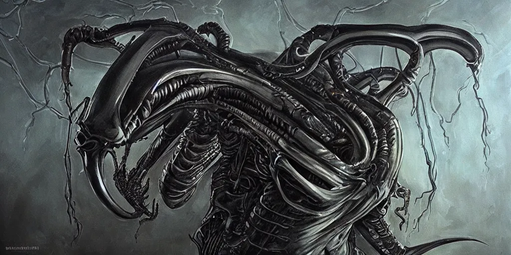 Image similar to “painting of xenomorph in the style of HR Giger, movie scene from Aliens movie