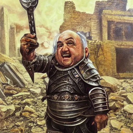 Image similar to last selfie taken by, oilpainting a tolkien dwarf, resembling Danny Devito wearing metal Armour that is smiling, in combat, apocalyptic, smoldering ruins, corpses on the ground, gore, fire
