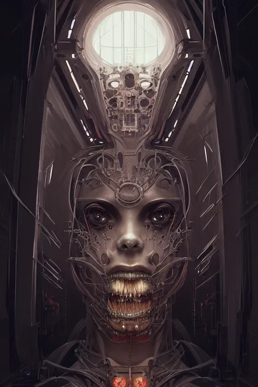 Image similar to professional concept art symmetrical portrait of a horror mechanical nightmare species in a dark room by artgerm and greg rutkowski. an intricate, elegant, highly detailed digital painting, abstraction, concept art, smooth, sharp focus, illustration, in the style of cam sykes.