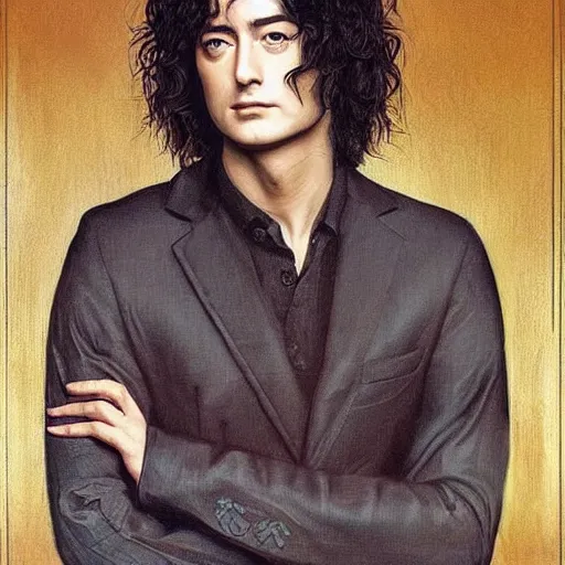 Prompt: amazing artgerm portrait of jimmy page in his 2 0 s as a preraphaelite painting, collaboration with j. scott campbell and artgerm with edward burn jones