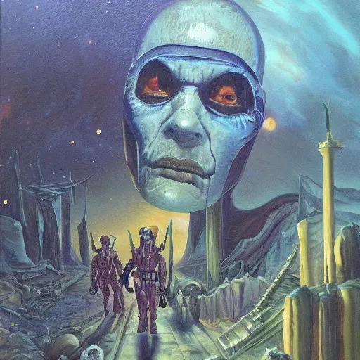 Image similar to the dirdir by jack vance, mike mignogna, highly detailed, vintage dark sci fi, oil painting