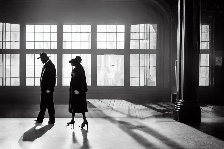 Prompt: couple in a glamorous old train station by Roger Deakins