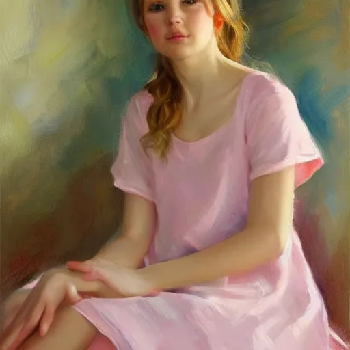 Image similar to Swedish girl in nightgown, painting by Vladimir Volegov,