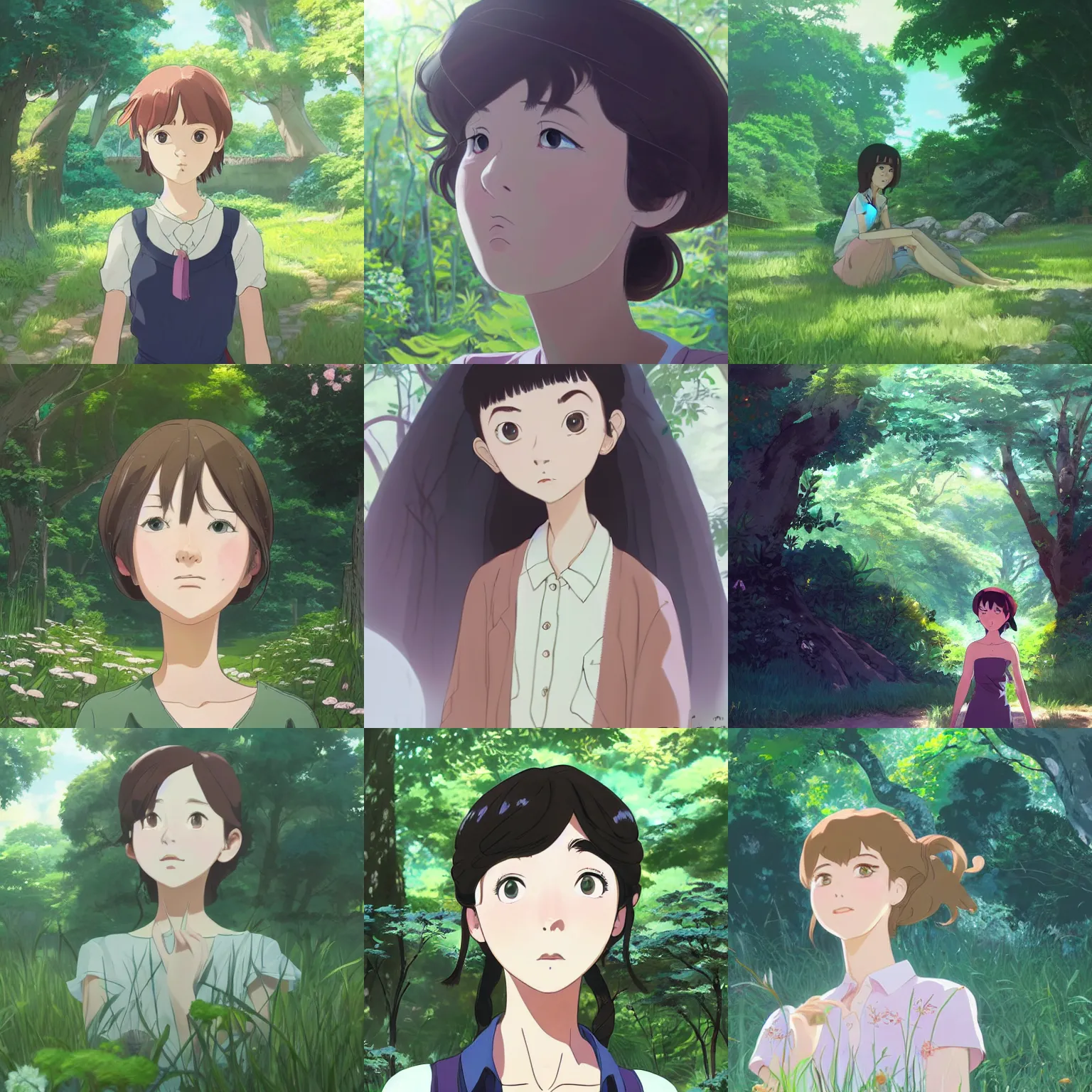 Prompt: Character portrait of a young woman in a lush park, focus on facial features, large eyes, highly detailed, cel shading, Studio Ghibli still, by Makoto Shinkai and Akihiko Yoshida