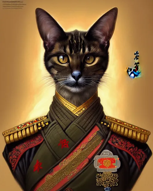 Image similar to upper half portrait of a military cat, decorated with chinese opera motifs, royal, fine china, wuxia, traditional chinese art intricate intense elegant highly detailed digital painting artstation concept art smooth sharp focus illustration, art by artgerm and greg rutkowski alphonse mucha 8 k