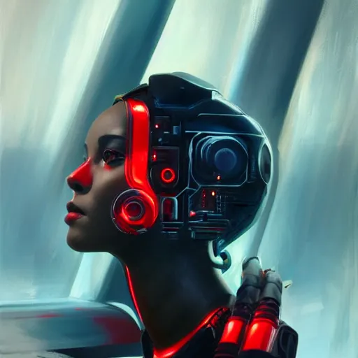 Prompt: Futuristic portrait painting of a cyborg girl with black and red robotic parts, medium shot, asymmetrical, profile picture, Organic Painting, sunny day, Matte Painting, bold shapes, hard edges, street art, trending on artstation, by Huang Guangjian and Gil Elvgren and Sachin Teng