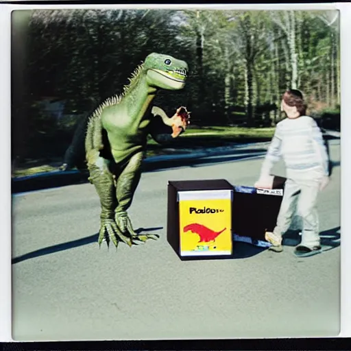 Prompt: polaroid photo of t - rex 🦖 stealing packages