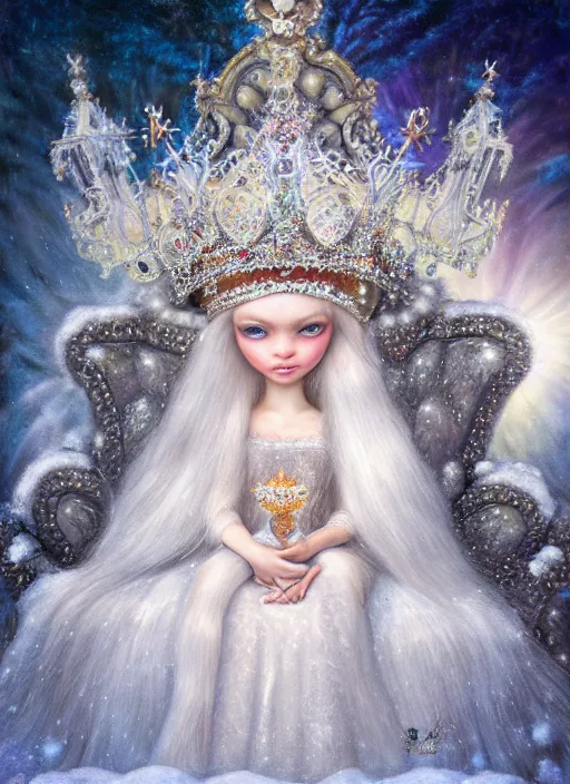 Image similar to highly detailed closeup portrait of a snow, ice princess wearing a crown and sitting on a throne, nicoletta ceccoli, mark ryden, lostfish, earl nore, global illumination, god rays, detailed and intricate environment