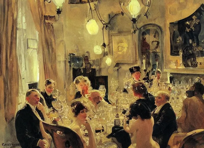 Image similar to gentlemens dinner, singing, roaring twenties, cellar, masterpiece, torches on wall, meat, wine, schnapps, smoking cigars, scantily clad blondes, oil painting by anders zorn and carl larsson, art nouveau