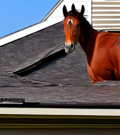 Image similar to low quality photo of a horse on the roof of a house