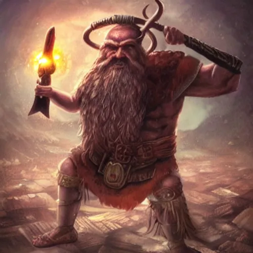 Image similar to a giant eldritch Viking deity holding a hammer