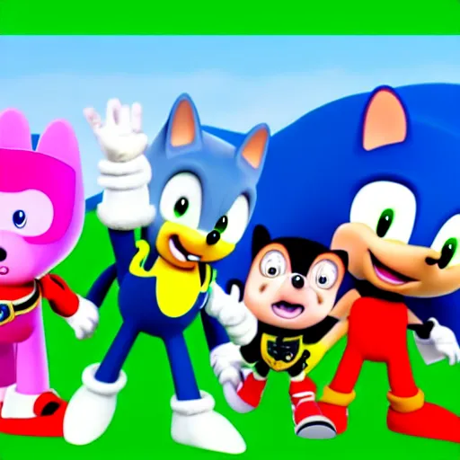 Prompt: sonic, peppa pig and the paw patrol crossover episode, cartoon network stillframe, hd,