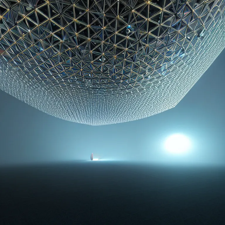 Image similar to an immaculate volumetric path tracing lighting render of a of beautiful iridescent large geodesic dome device at the center of a vast modern datacenter, fog, god rays, and nixie tubes by Zdzisław Beksiński and beeple, beautiful modern colors, ultradetailed, 4k ultra